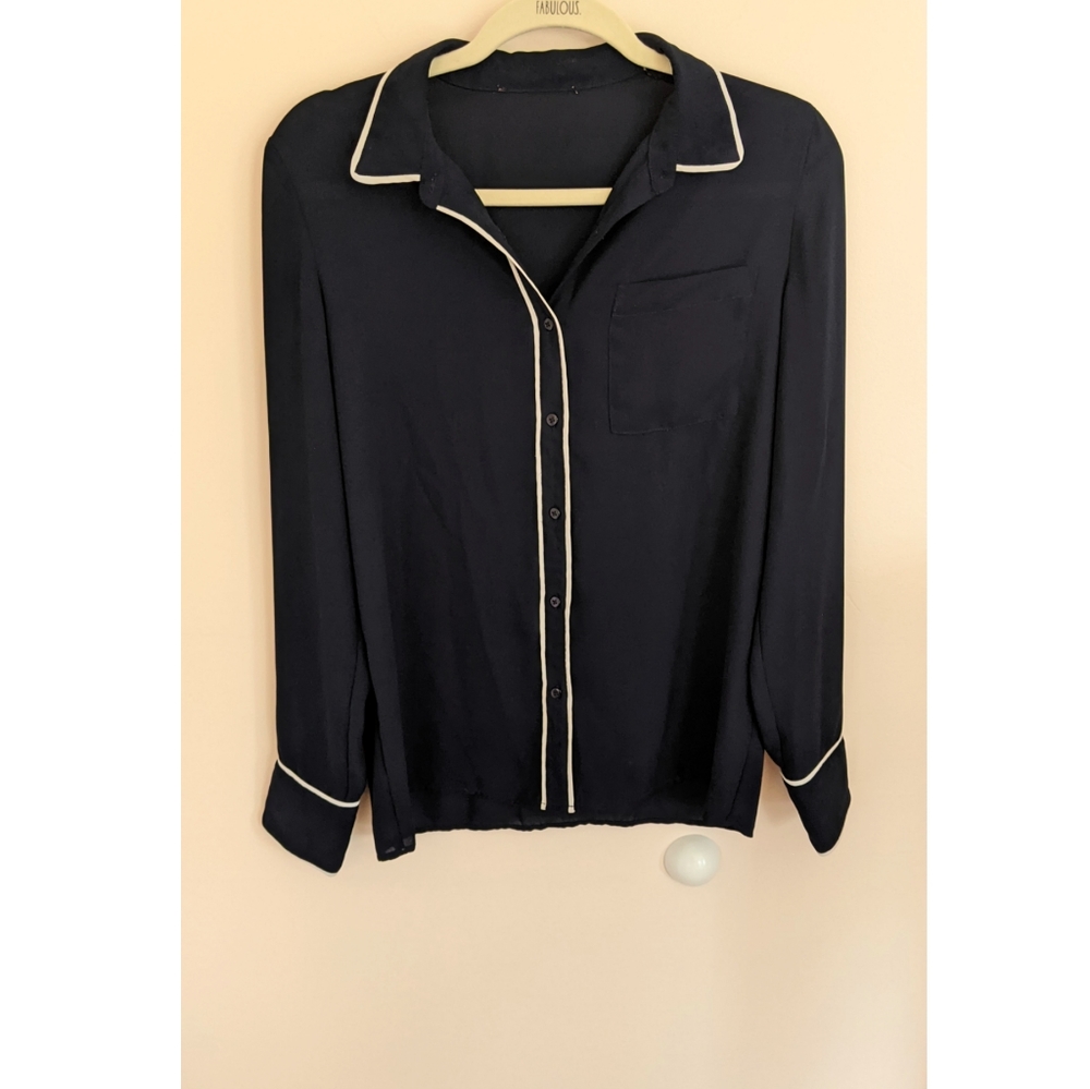 Express Navy Blue and White Long Sleeve Blouse
